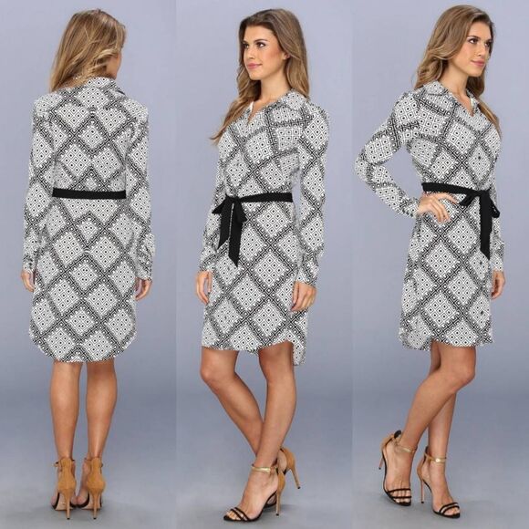 VINCE CAMUTO Women's Printed Crepe de Chine Shirtdress w/ Tie Belt Black White 4 - Picture 2 of 8